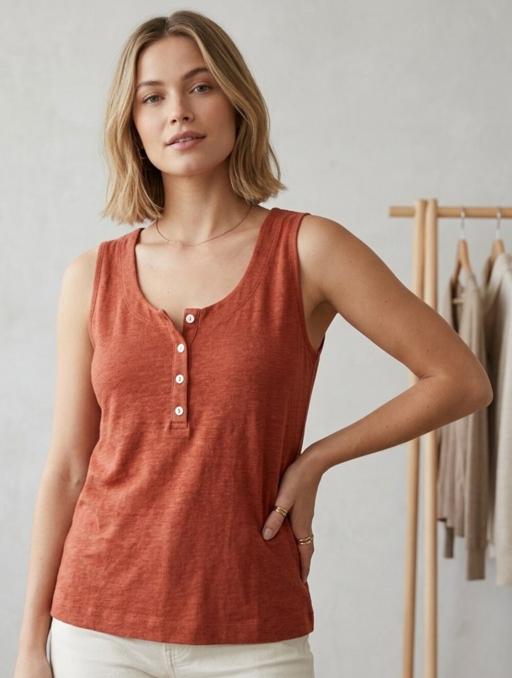 Joie 100% Linen Henley Tank Top in Rust Orange